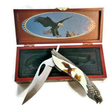 NEW Flying Eagle Pocket Hunting Knife With Wooden Box 8.5in Ornate Design - £23.42 GBP
