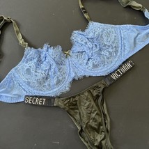 Victoria&#39;s Secret Ungefüttert 34D Bh Set XS Glanz Band Höschen Blau Grün Samt - £58.16 GBP