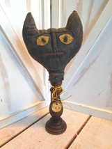 Grungy Primitive Halloween Black Cat Plush Head on Wooden Candlestick Holder  - £43.62 GBP