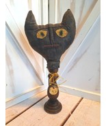 Grungy Primitive Halloween Black Cat Plush Head on Wooden Candlestick Ho... - $54.44