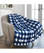 Buffalo Check Plaid Plush Fleece Blanket Throw  Navy White - £18.73 GBP