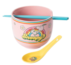 Peanuts Snoopy Ceramic Bowl Set Feelin Groovy Ramen Bowl Spoon &amp; Chopsti... - $13.86