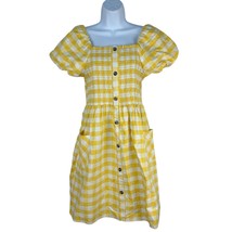 Yellow Gingham Smocked Button Down Square Neck Dress Puff Sleeves &amp; Pock... - $14.27