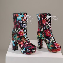 New Women Lace Up Boots Flower Print Ankle Fashion Round Toe Ladies Sexy Boots Z - £85.78 GBP