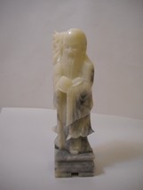 White Marble Bald Asian Man On Base Holding Staff In Robe With Black Streaks - £34.99 GBP