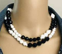 Vintage 50&#39;s Black and White Plastic Faceted Bead Necklace 34&quot; - $14.85