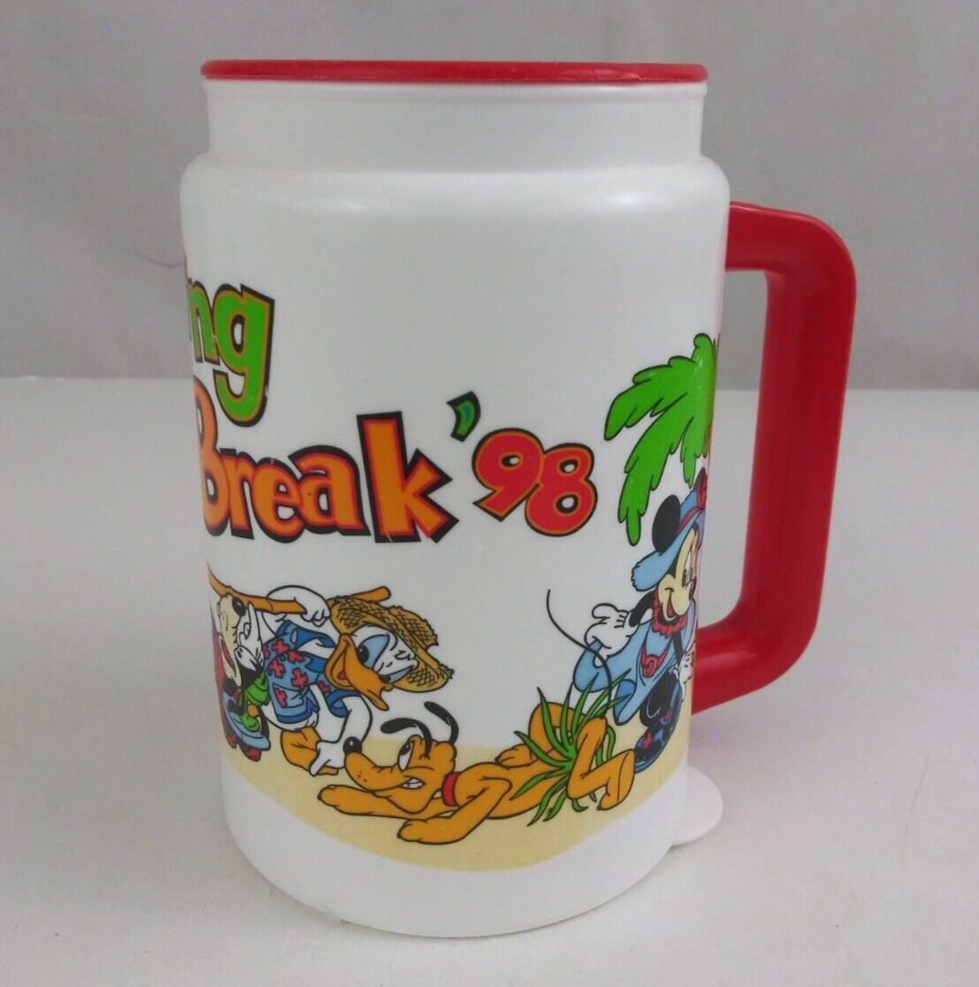 1998 Whirley Disney Parks Spring Break '98 Mickey & Friends At Beach Travel Mug - $9.69