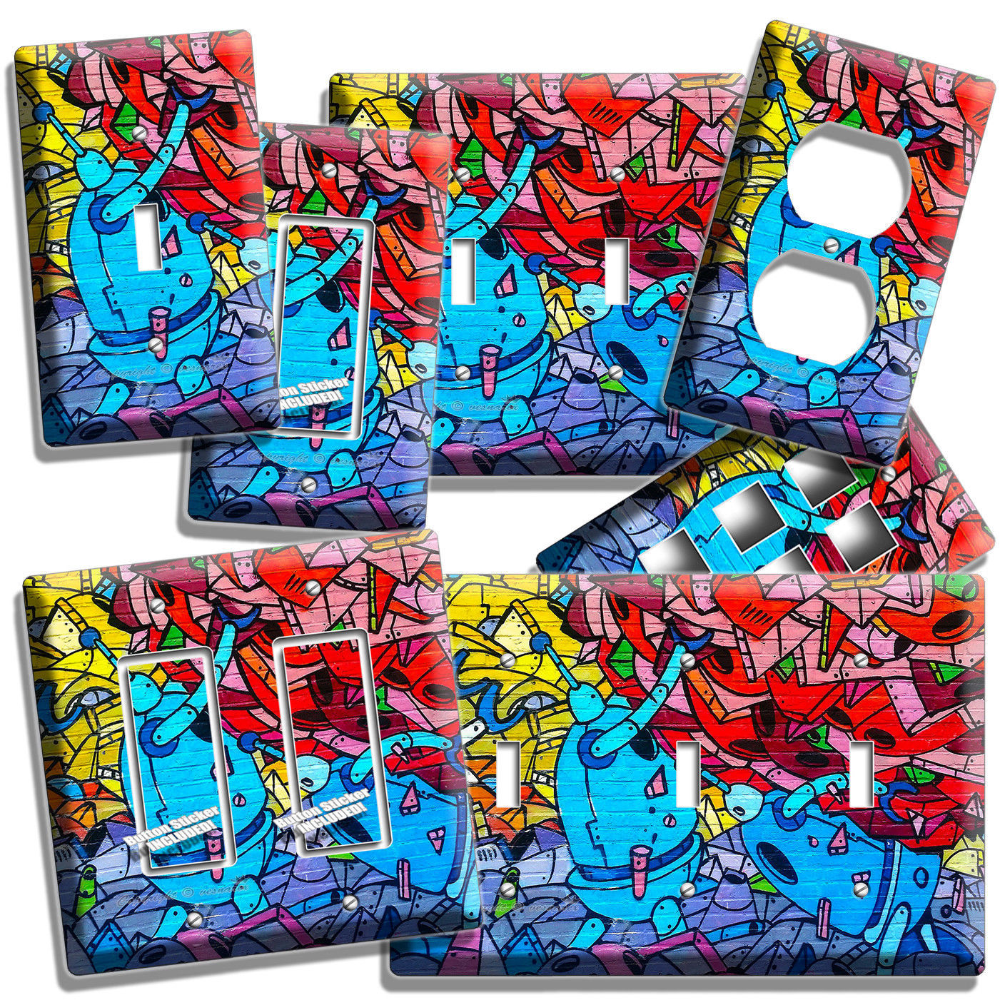 COLORFUL BRICK WALL GRAFFITI ROBOTS LIGHT SWITCH OUTLET PLATE DORM ROOM HD DECOR