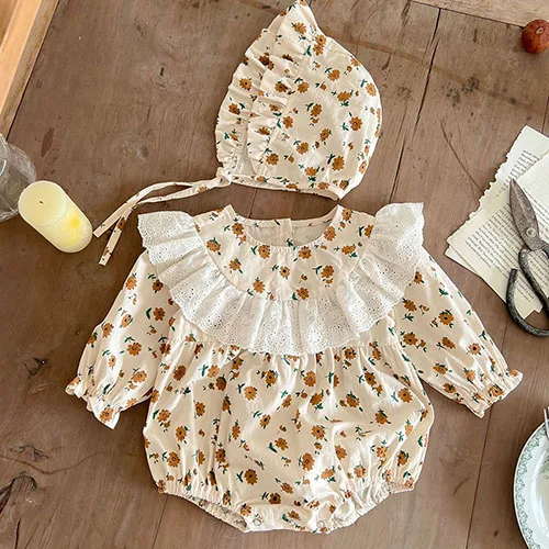 Autumn Spring Baby Girl Clothing  Baby Girl Romper+Hat Splicing  Cotton Long Sle - £37.44 GBP