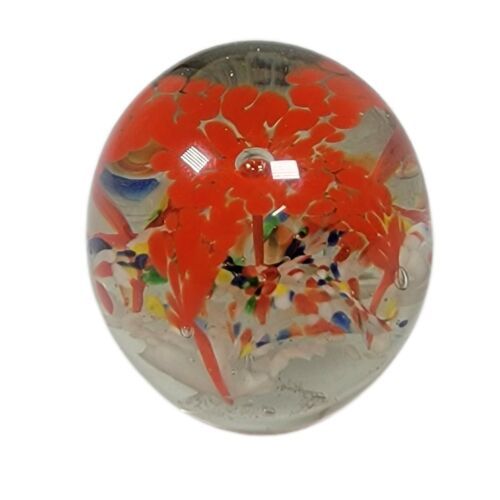 Primary image for Vtg Hand Blown Round Glass Paperweight Red Trumpet Flower Confetti Rainbow Base