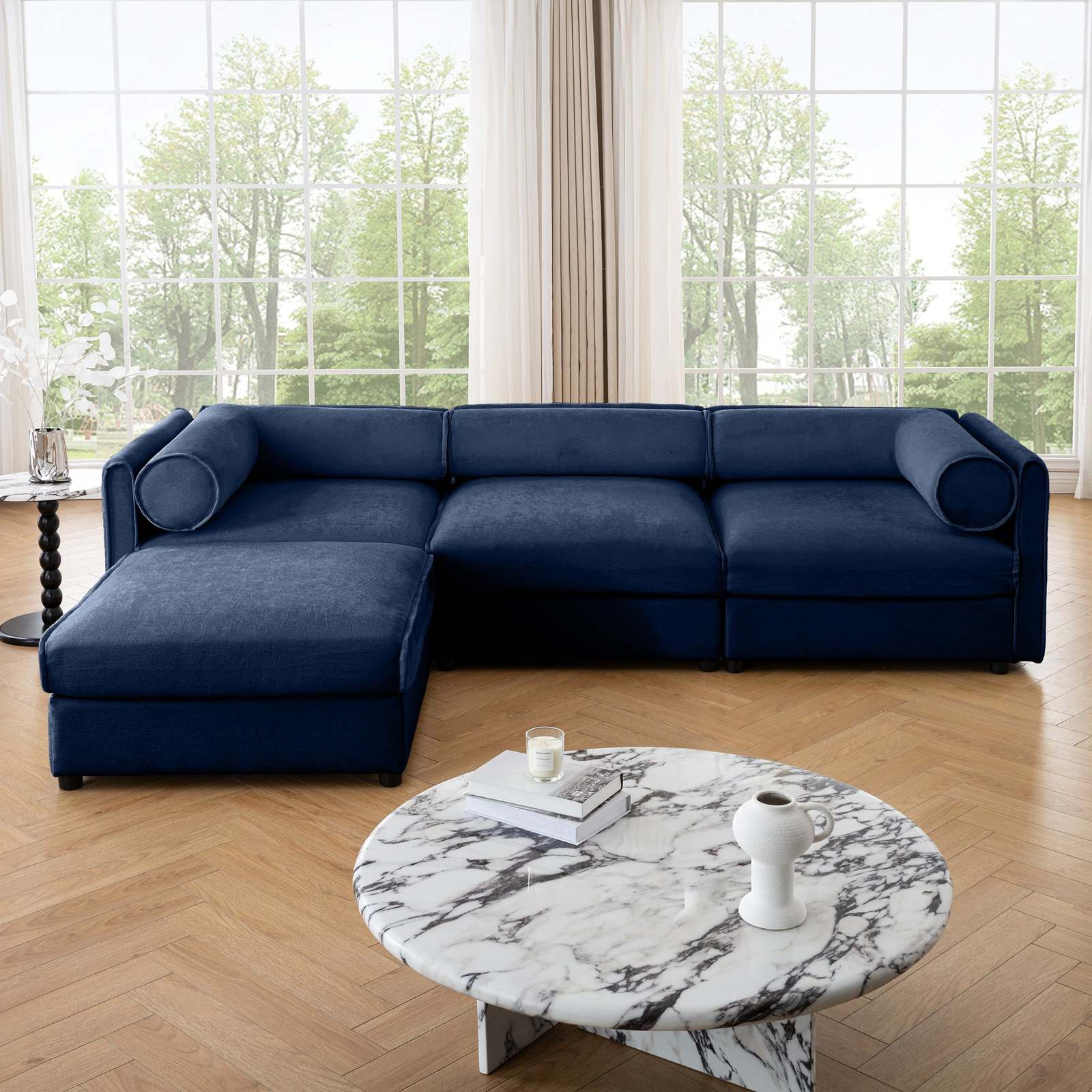 Elegant Blue Chenille L-Shaped Sofa with Storage Ottoman Item image 7