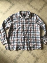 Pendleton Women&#39;s Size XL Linen Blend Blouse Blue Tan Plaid Button Front long Sl - $43.00