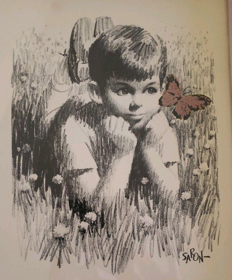 Primary image for Vintage Intercraft Black & White Charcoal Print ~ Signed "Saron" Boy W/Butterfly