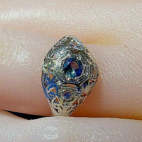 Earth mined Sapphire Diamond Deco Engagement Ring Vintage Solitaire 14k Gold Item image 14
