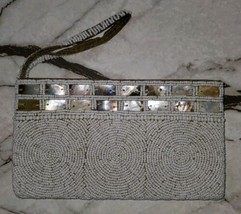 Handmade Beaded Sequin Zip Clutch Purse Wristlet Strap Mother Of Pearl - $32.87