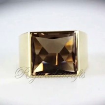 AA Princess Cut Natural Smoky Quartz Engagement Gold Ring Men 925 Silver Jewelry - £58.44 GBP