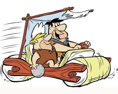 The Flintstones Barney and Fred ride in The Flintmobile 16x20 poster
