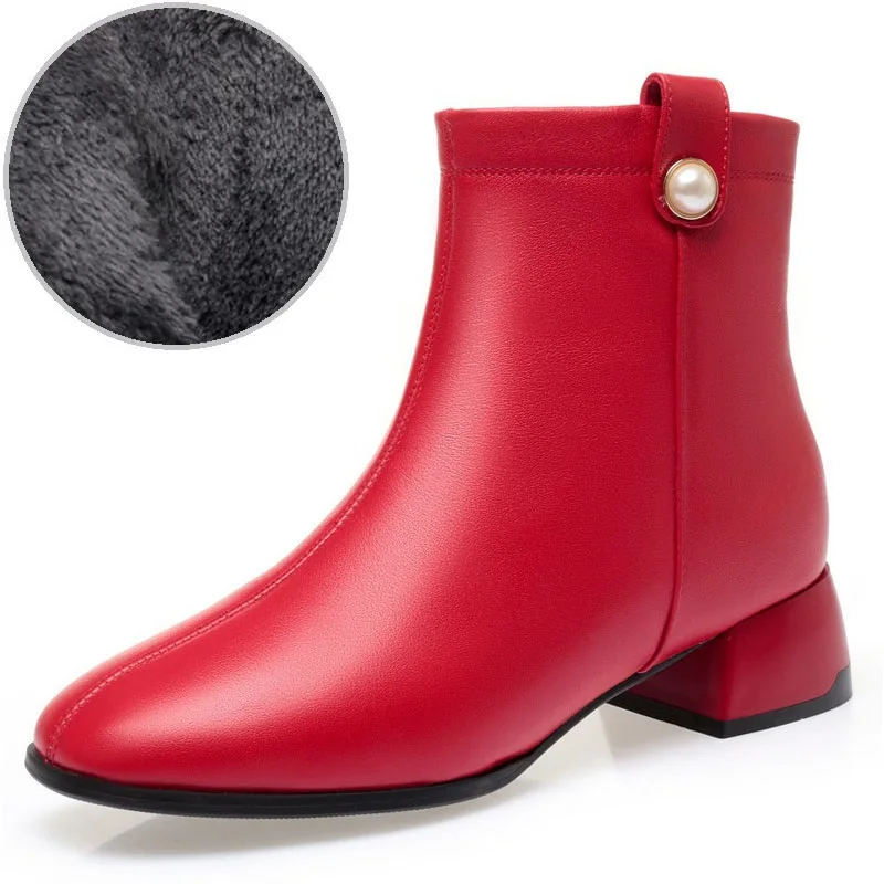 Concise Women Boots Quality Genuine Leather Square Heel Winter Wool Fur Warm Ank - £76.84 GBP