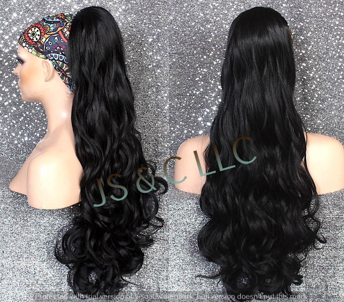 Black Human Hair Blend PONYTAIL Hair piece Drawstring ex long wavy/Curly... - $49.95
