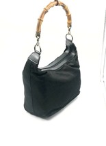 Vintage Authentic Gucci Bamboo Leather Trimmed Black Nylon Hobo Women Handbag  - £174.63 GBP