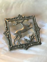 Vintage Unmarked Silver Leaping Deer Stag in Cut-Out Square with Flower Frame Br - £18.05 GBP