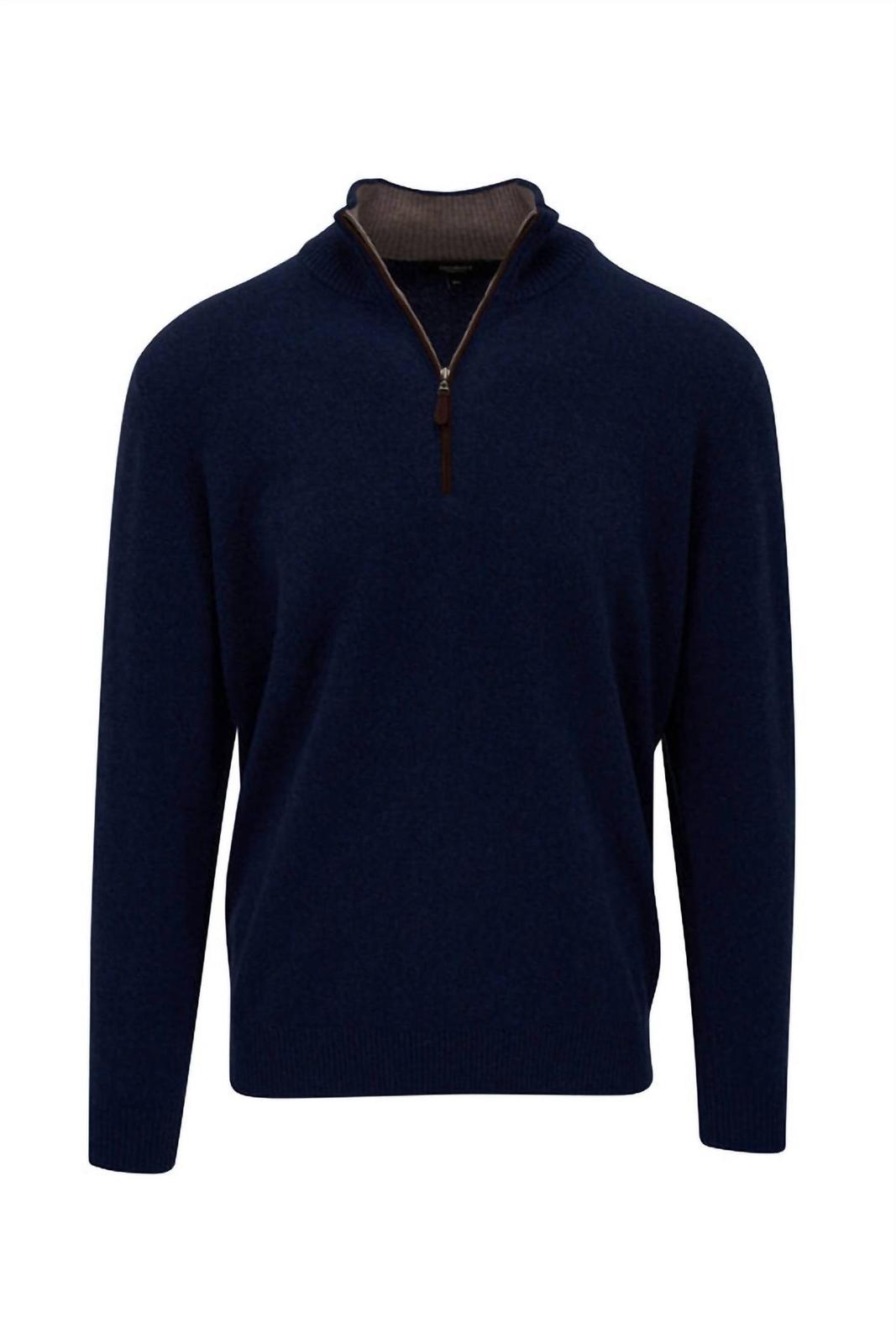 Kinross Men&#39;s Suede Trim Quarter Zip Mock Sweater Navy - $184.00