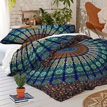 Traditional Jaipur Duvet Cover Queen Size, Peacock Feather Mandala Cotton Throw, - £45.38 GBP