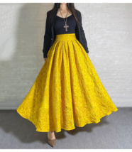 Yellow Pleated Maxi Skirt Women High Waisted Plus Size Long Party Skirt Outfit