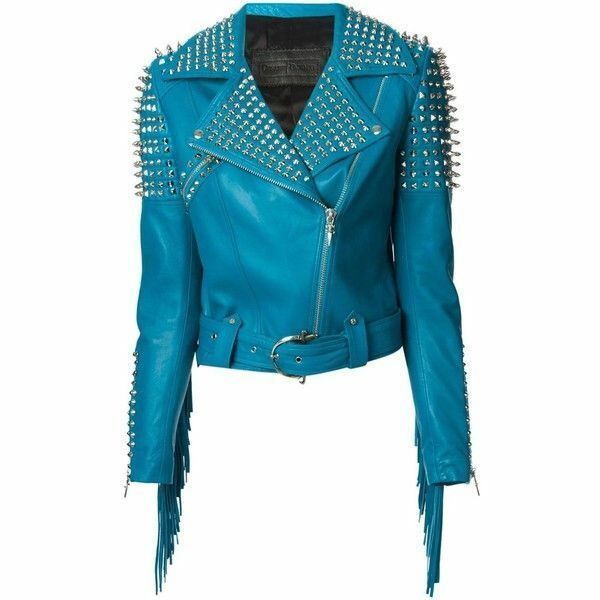 Women's Blue Fringed Genuine Leather Silver Spike Studs Quilted Belted Jacket