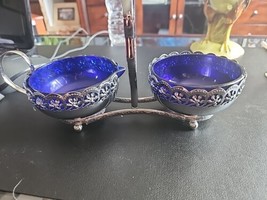 Vtg Royal Blue Glass &amp; Celtic Quality Plate Creamer and Sugar Bowl In Holder - £13.23 GBP