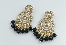 Bollywood Style Indian Gold Plated Pearl Kundan Earrings Black Jewelry Set - £22.44 GBP
