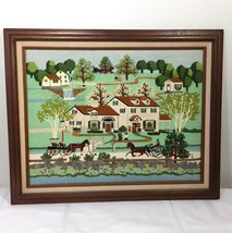 Vintage Crewel Needlepoint Framed Picture Fox Hill Farms Americana 14&quot; X 18&quot; - $69.99