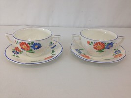 Crown Ducal Ware England Floral 4 pc Set Saucer Bouillon Double Handle Cup - £15.03 GBP