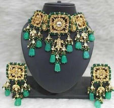 Indian Bollywood Style Gold Plated Kundan Choker Chik Necklace Green Jewelry Set - £147.16 GBP