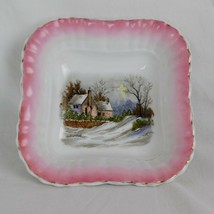 Vintage Numbered 274/751 Pink Rim Square Bowl w/Handpainted Winter House... - £23.13 GBP