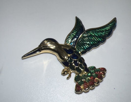 Hummingbird Brooch Gold Tone Enamel Blue Green Red - £11.80 GBP