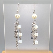 Classic Vintage Earrings, Grey and White Pearls, Dangling Chains, and Moonstone - £28.61 GBP