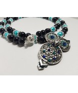 Blue Goldstone Owl Beaded Necklace with Aqua Glass Pearls - £32.49 GBP
