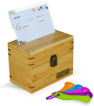 Wooden Recipe Box W Cards, Dividers &amp; Measuring Spoon Set NEW - £24.16 GBP