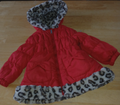 PISTACIO GIRL'S RED PUFFY HOODED JACKET W/LEOPARD FAUX FUR-3Y-BARELY WOR... - $13.99
