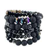 Black Wrap Stack Bracelet Swarovski Crystals Lava Rock Silver Tone Boho  - £31.45 GBP