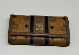Authentic MCM Cognac Visetos Bifold Wallet Accent Stripe Genuine Leather - $219.00