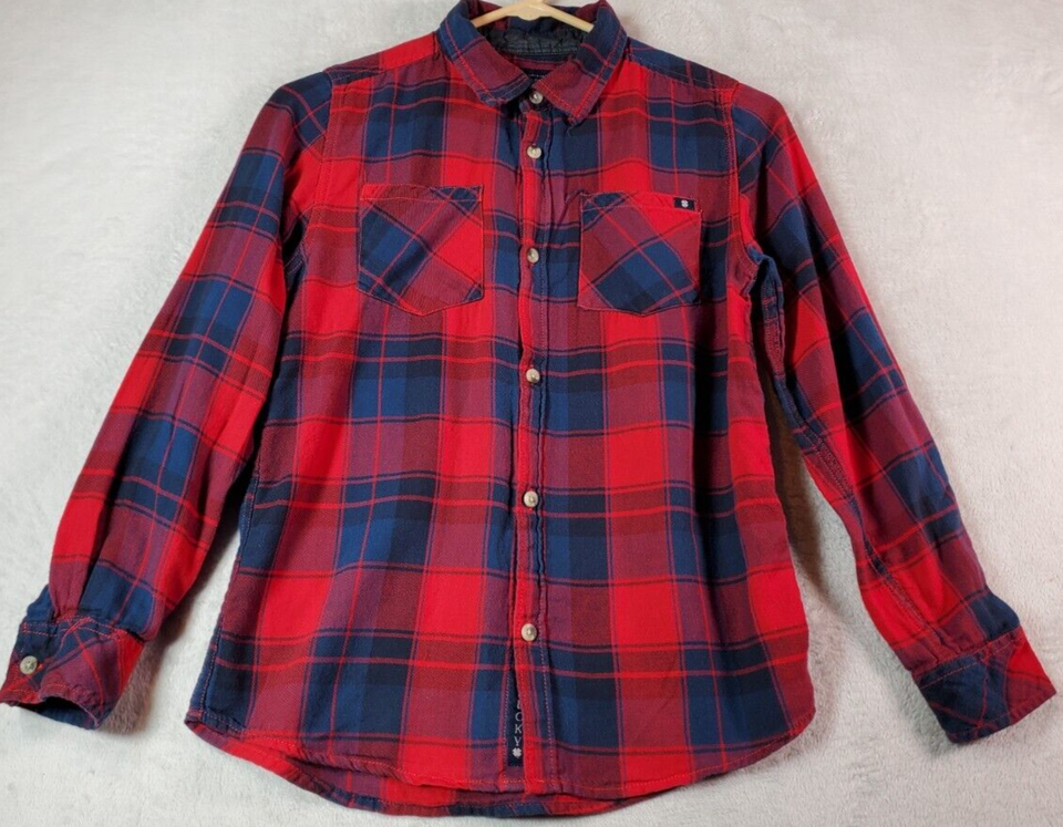 Primary image for Lucky Brand Shirt Boys Medium Blue Red Plaid 100% Cotton Logo Collar Button Down
