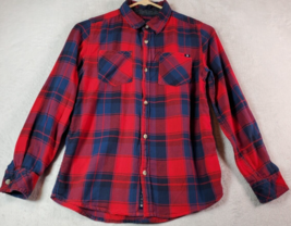 Lucky Brand Shirt Boys Medium Blue Red Plaid 100% Cotton Logo Collar But... - £8.38 GBP