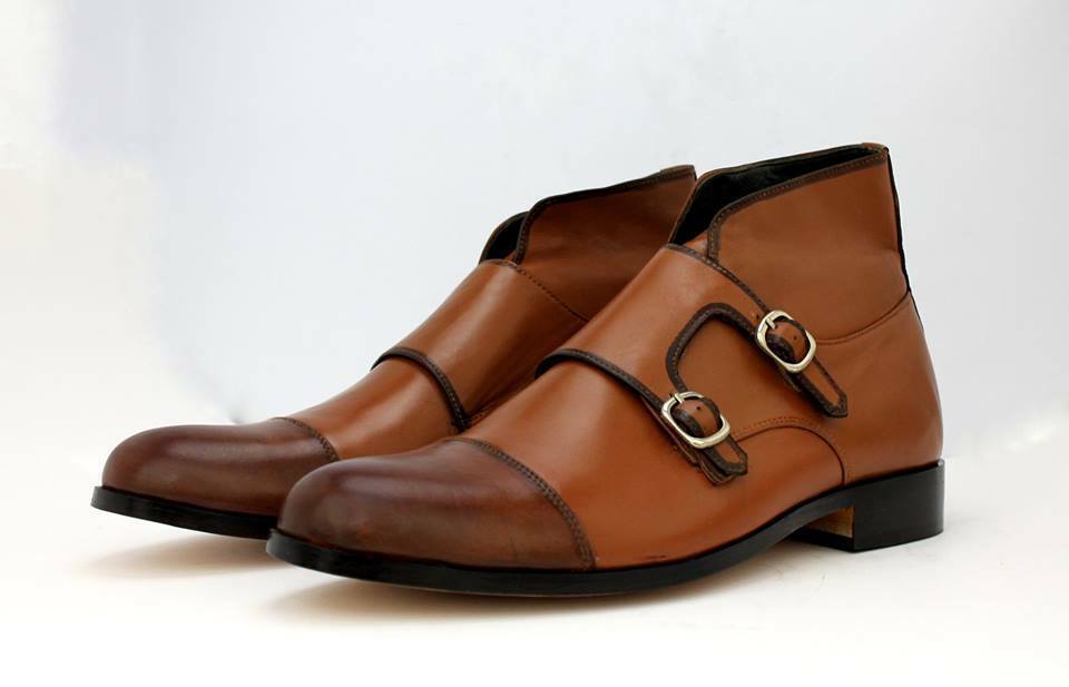 Men's Two Tone Tan Brown Monk Double Buckle Strap Cap Toe Ankle Boots US 7-16