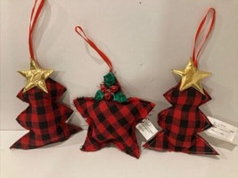 Set 3 Red &amp; Black Buffalo Plaid Farmhouse Christmas Star &amp; Tree puffy Ornaments - $4.65