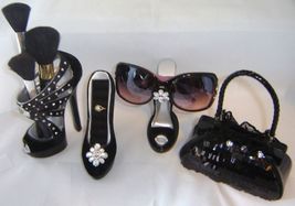 Eyeglasses Sunglasses Holder 4.3" High Black Velvet Stiletto Shoe Poly Stone image 4