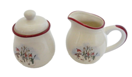 RN2 Royal Seasons Creamer &amp; Sugar Bowl w/Lid Red Trim Snowmen Stoneware - £17.31 GBP