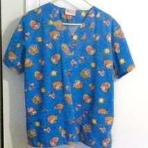 Fashion Scrubs Blue Bunny-Themed Printed V-Neck Top W/ Pockets Medium - $8.42