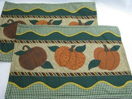 2 Fabric Fall Pumpkins Autumn Placemats Country Appliqued Green Checked Harvest - £9.90 GBP